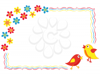 Valentine greeting card with two colorful birds and flowers, hand drawing vector illustration