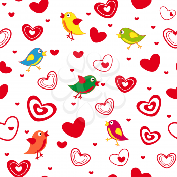 Seamless vector pattern with cute birds and different red Valentine hearts on the white background