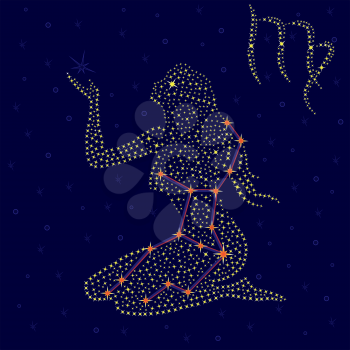 Zodiac sign Virgo on a background of the starry sky with the scheme of stars in the constellation, vector illustration