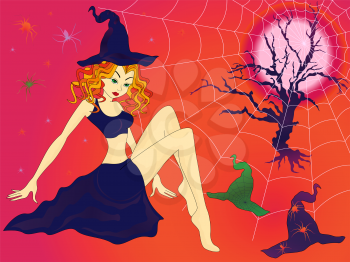 Elegant Halloween girl with green eyes among sinister cobwebs and spiders in moonlight night, hand drawing vector illustration