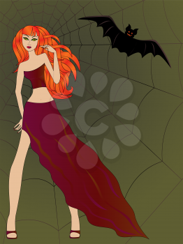 Halloween girl with green cat eyes and bright fiery red hair against the background of a large cobweb along with a flying bat, hand drawing vector illustration