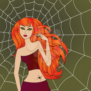 Halloween girl with green cat eyes and bright fiery red hair against the background of a large cobweb, hand drawing vector illustration