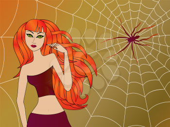 Halloween girl with green cat eyes and bright fiery red hair against the background of a large cobweb with big spider, hand drawing vector illustration