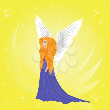 Woman angel on abstract yellow background. Hand drawing vector illustration