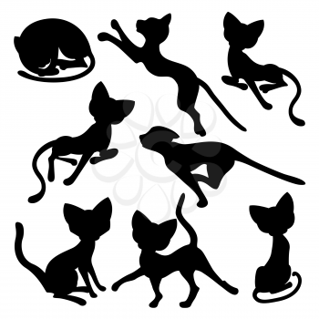 Set of eight black silhouettes of funny cats isolated on a white background, hand drawing cartoon vector illustration