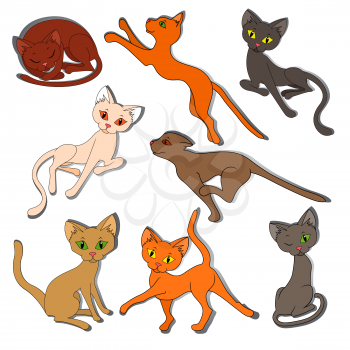 Set of eight colorful funny cats isolated on a white background, hand drawing cartoon vector illustration