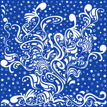 Abstract floral pattern in blue and white colors, hand drawing vector illustration