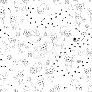 Funny cartoon cats and their accessories, seamless black and white vector pattern