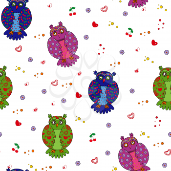Seamless vector illustration with different multicolor stylized owls