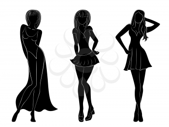 Three slim attractive women black silhouettes with white contours, hand drawing vector artwork