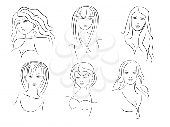 Six beautiful young women contour portraits, hand drawing vector artwork