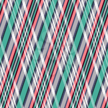 Rhombic seamless vector pattern as a tartan plaid mainly in turquoise, light grey and red colors