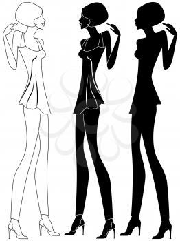 Abstract slim girl in shoes with high heels, vector artwork in three various embodiments