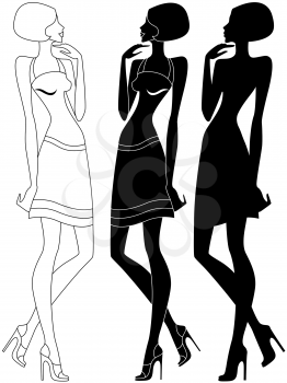 Abstract slender model in shoes with high heels, vector artwork in three various embodiments