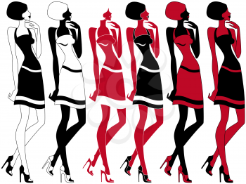 Abstract slim model in shoes with high heels, vector artwork in six various embodiments