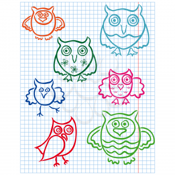Set of seven cute color owls drawing on a checkered sheet, vector illustration
