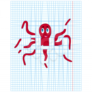 Cute red octopus caught in the lines of checkered sheet, cartoon vector illustration