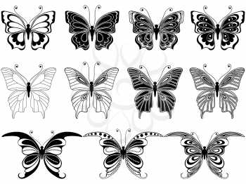 Set of eleven ornamental stencils of beautiful butterflies isolated on a white background, hand drawing vector illustration