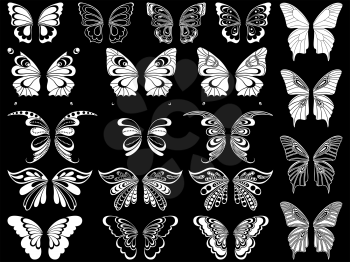 Set of twenty white ornamental stencils of beautiful butterflies isolated on a black background, hand drawing vector illustration