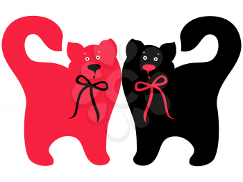 Two elegant cats with ties, Red and Black symmetrically standing, hand drawing vector artwork