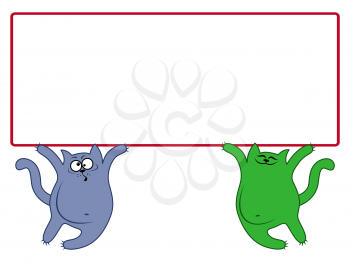 Amusing thick cats hold in paws of a large rectangular banner over them, cartoon vector artwork