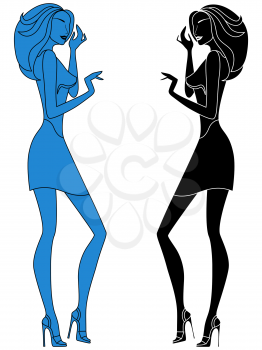 Beautiful abstract slender girl vector outlines in black and blue embodiments