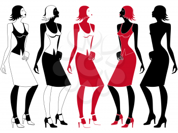 Abstract elegant woman in motion, five hand drawing vector silhouettes