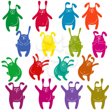 Set of sixteen thick funny rabbit stencils of different colors, cartoon vector illustration