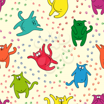 Color funny cats with traces of paws on seamless vector pattern