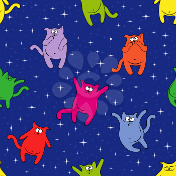 Seamless vector pattern with color funny cats on a background of blue starry sky