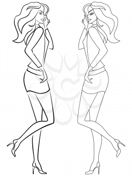 Beautiful young girl with luxurious hair in a short skirt, vector outline in two embodiments, one with the continuous line and the other with separate lines