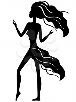 Abstract graceful girl with waving hair and dress, black vector silhouette