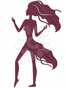 Abstract graceful girl with waving hair and dress, vector silhouette in paprika colour with black lines