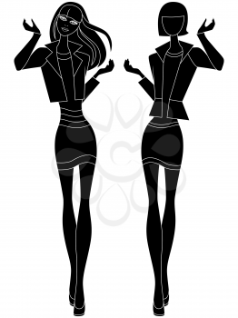 Abstract slim girl in short skirt, vector black stencil with the more and less detailed embodiments