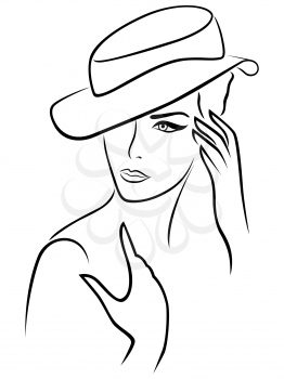 Elegant young woman in a hat, hand drawing black outline on a white background