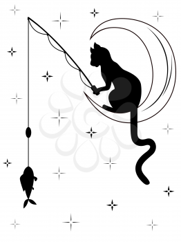 Black cat with long tail sitting on the moon among starry sky and catches a fish with fishing rod, black and white carton vector illustration