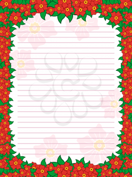 Sheet of notepad with parallel lines and colorful floral frame with flowers mainly in red hues, vector illustration