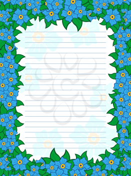 Sheet of notepad with parallel lines and colorful floral frame with flowers mainly in blue hues, vector illustration