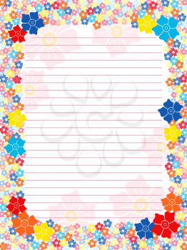 Notepad blank in pink hues with parallel lines and multicolour floral frame with flowers, vector illustration