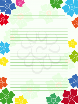 Notepad blank empty in light green hues with parallel lines and multicolour floral frame with flowers, vector illustration