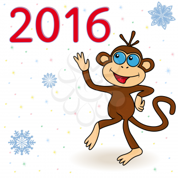 Monkey - the symbol of 2016 on a winter background with snowflakes, hand drawing cartoon vector illustration