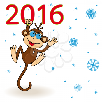 Monkey - the symbol of 2016 holds for the inscription 2016 and hangs on it, hand drawing cartoon vector artwork