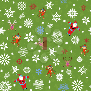Christmas seamless vector pattern with Santa Claus, reindeer, monkey and many snowflakes on a green background with winter motive