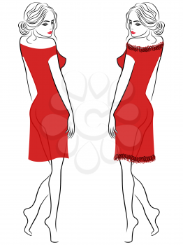 Attractive graceful lady in translucent red dress in two versions, vector outline