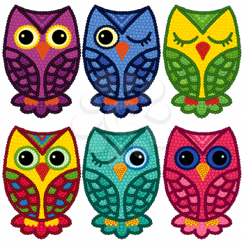 Set of six motley funny owls with circle elements isolated over white background, cartoon vector illustration