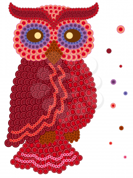 Coloured ornamental owl in red hues made from many various buttons, cartoon vector artwork