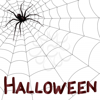 Big dark horrifying spider on the web, hand drawing Halloween vector artwork