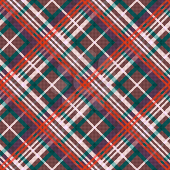 Diagonal position of rectangular seamless vector pattern as a tartan plaid in red, green, beige and brown colors