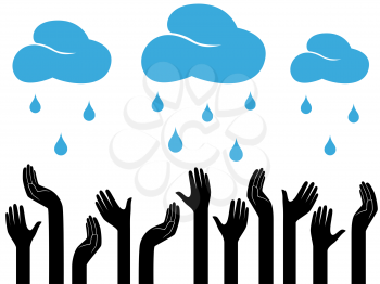 Human hands outstretched to the sky with raining clouds, conceptual ecologic vector illustration