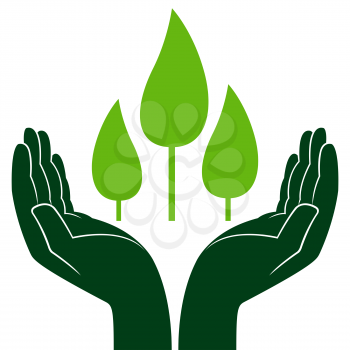 Green trees in human hands, conceptual ecologic vector illustration